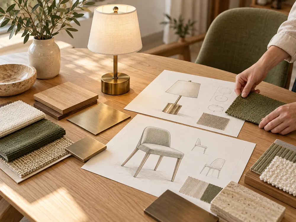 Project brief with product drawings, finish samples and a table lamp