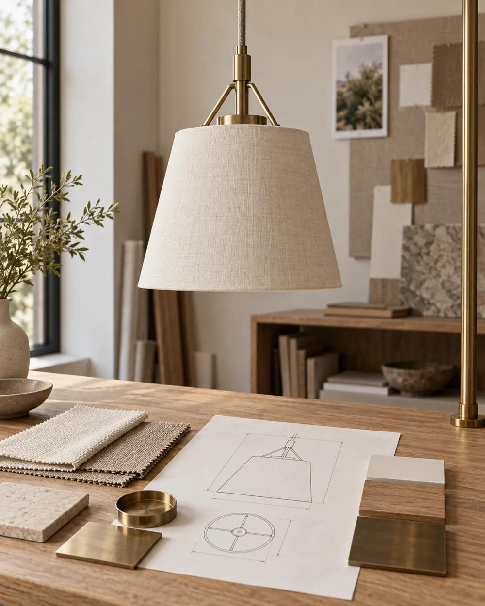 Custom pendant light with drawings and brass finish samples