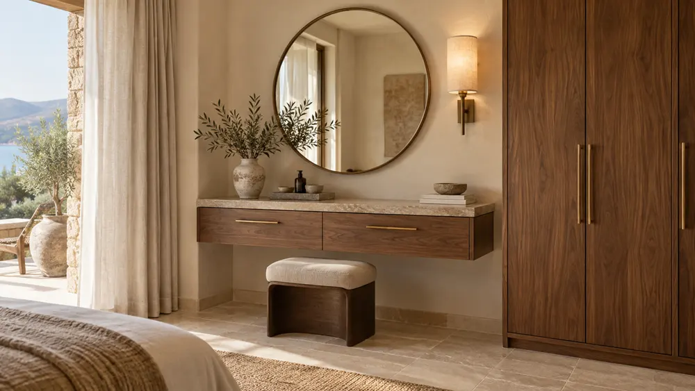 Guestroom vanity and wardrobe in walnut for a boutique resort