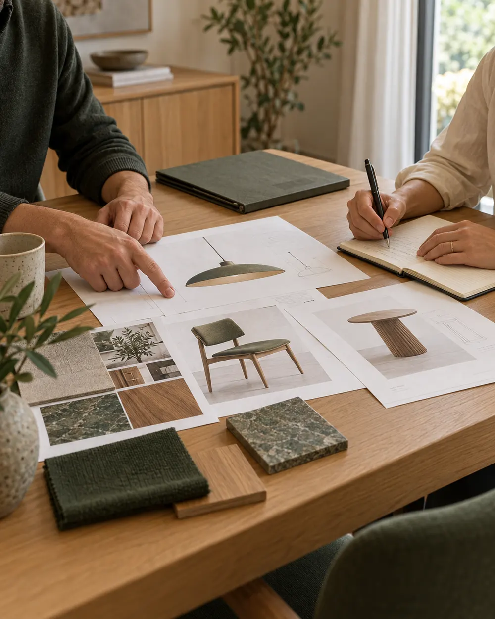 Project planning meeting with lighting and furniture drawings and material samples