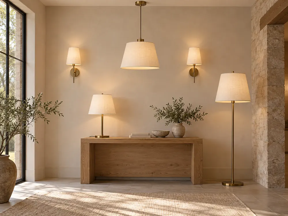Pendant, wall, table and floor lamps in a coordinated hospitality collection