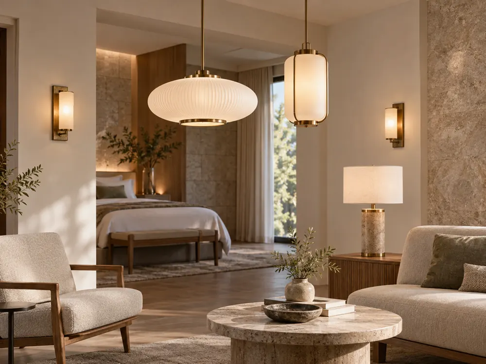 Hotel suite lit with pendant, wall and table lamps
