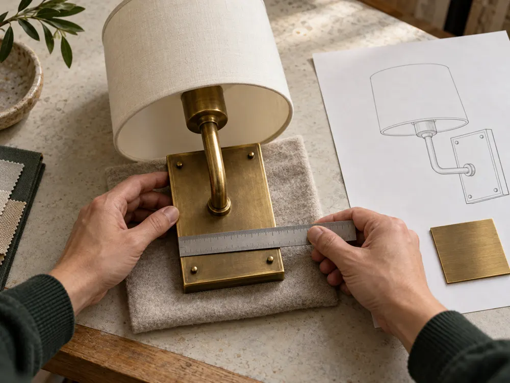 Checking a brass wall light sample against its drawing