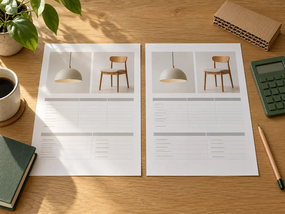 Sourcing checklist sheets for lighting and furniture
