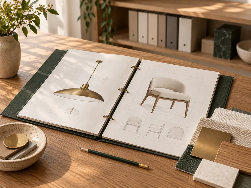 Lighting sample review folder with pendant and chair drawings