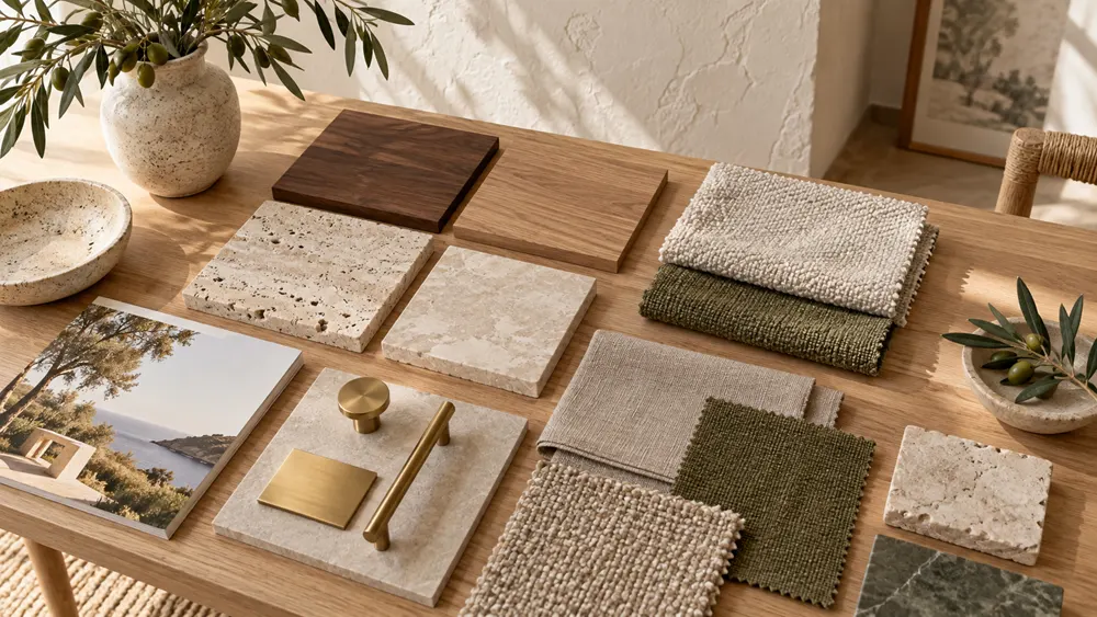 Wood, stone and fabric finish samples for hospitality furniture