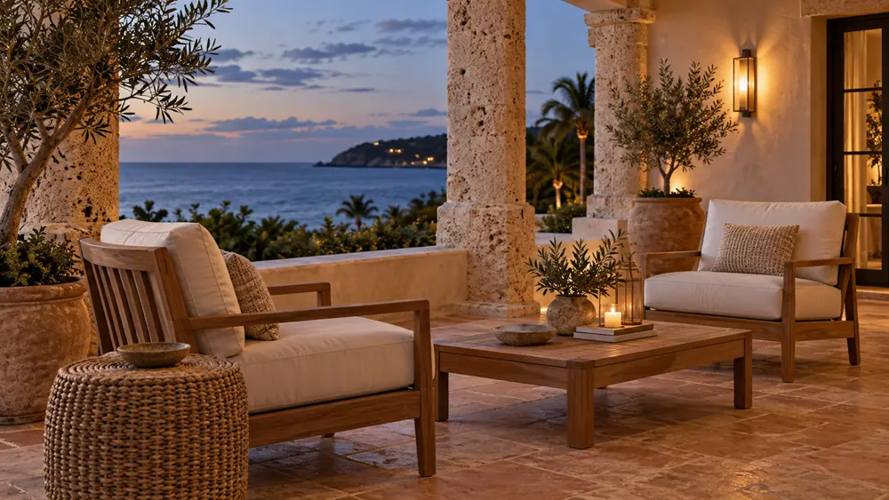 Outdoor terrace furniture at a Caribbean coastal resort