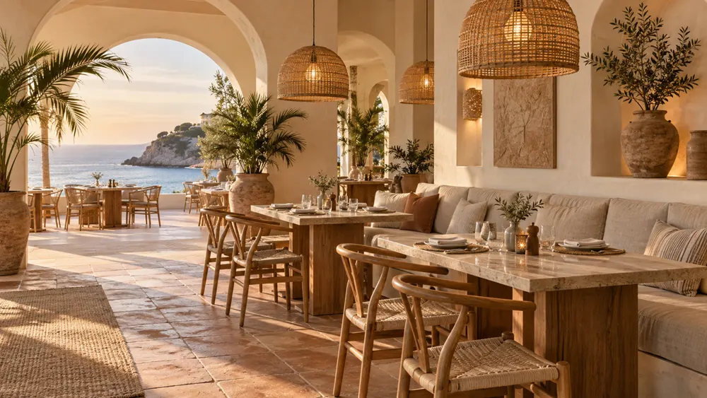 Resort restaurant dining tables and rattan chairs
