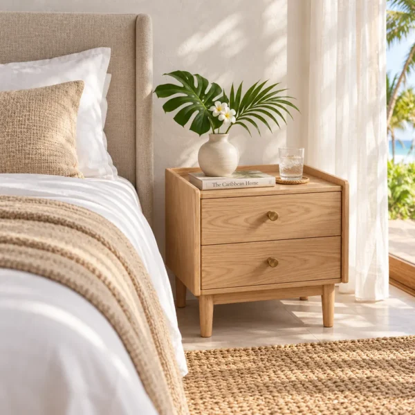 Natural ash nightstand beside a boutique hotel bed