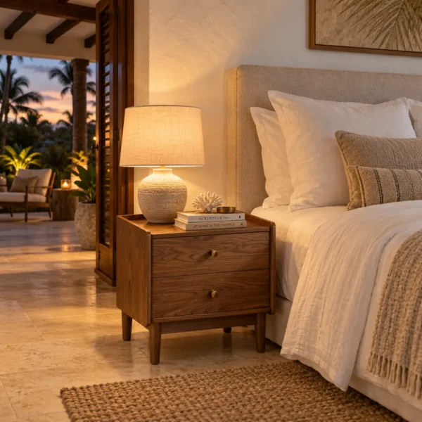 Walnut color ash nightstand in a villa master bedroom
