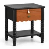 Bobbin leg nightstand with black frame and wood drawer
