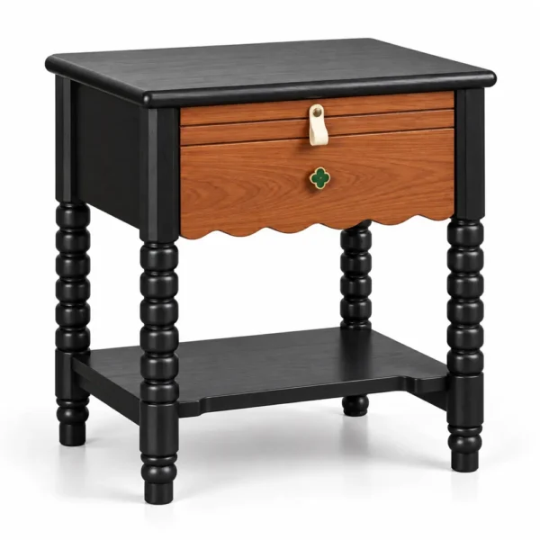 Bobbin leg nightstand with black frame and wood drawer