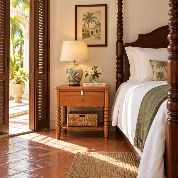 Black frame bobbin leg nightstand in a villa guestroom