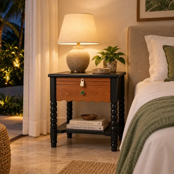 Bobbin leg nightstand in a colonial-style hotel guestroom