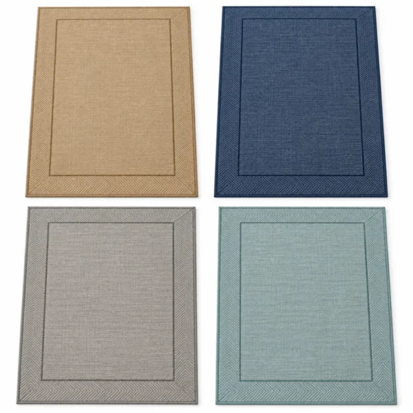 Bordered flatweave rug in tan, navy, grey and aqua