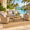 Tan flatweave rug in a poolside lounge area