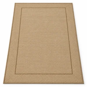 Tan bordered flatweave indoor outdoor rug