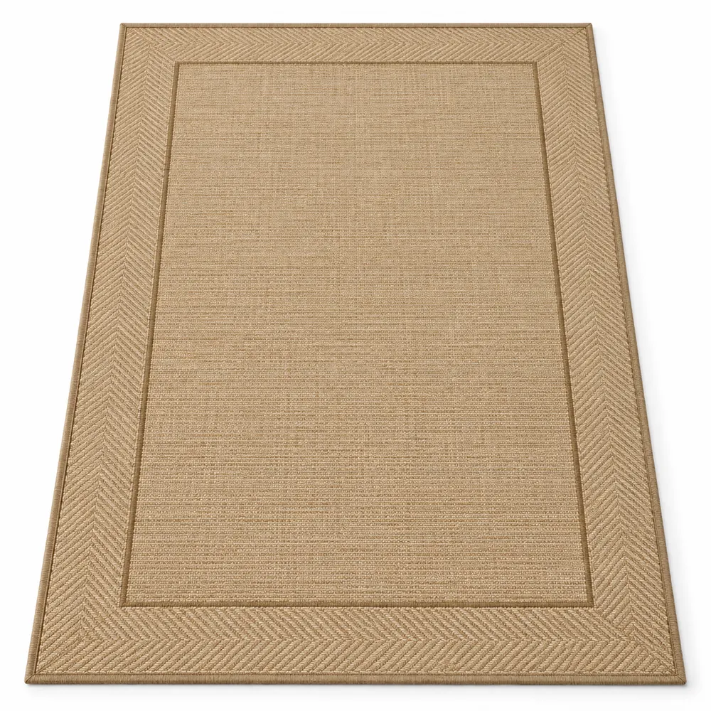 Tan bordered flatweave indoor outdoor rug