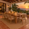 Bordered flatweave rug on a villa terrace