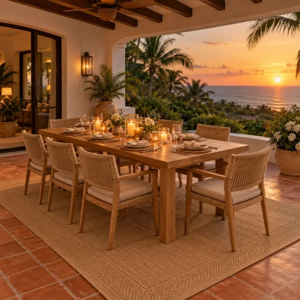 Bordered flatweave rug on a villa terrace