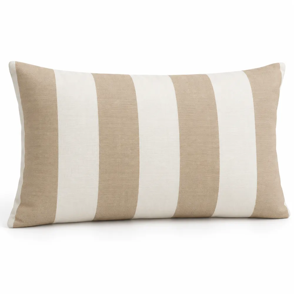 Sand and white cabana stripe outdoor lumbar pillow