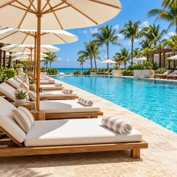 Cabana stripe pillows on teak loungers by a hotel pool