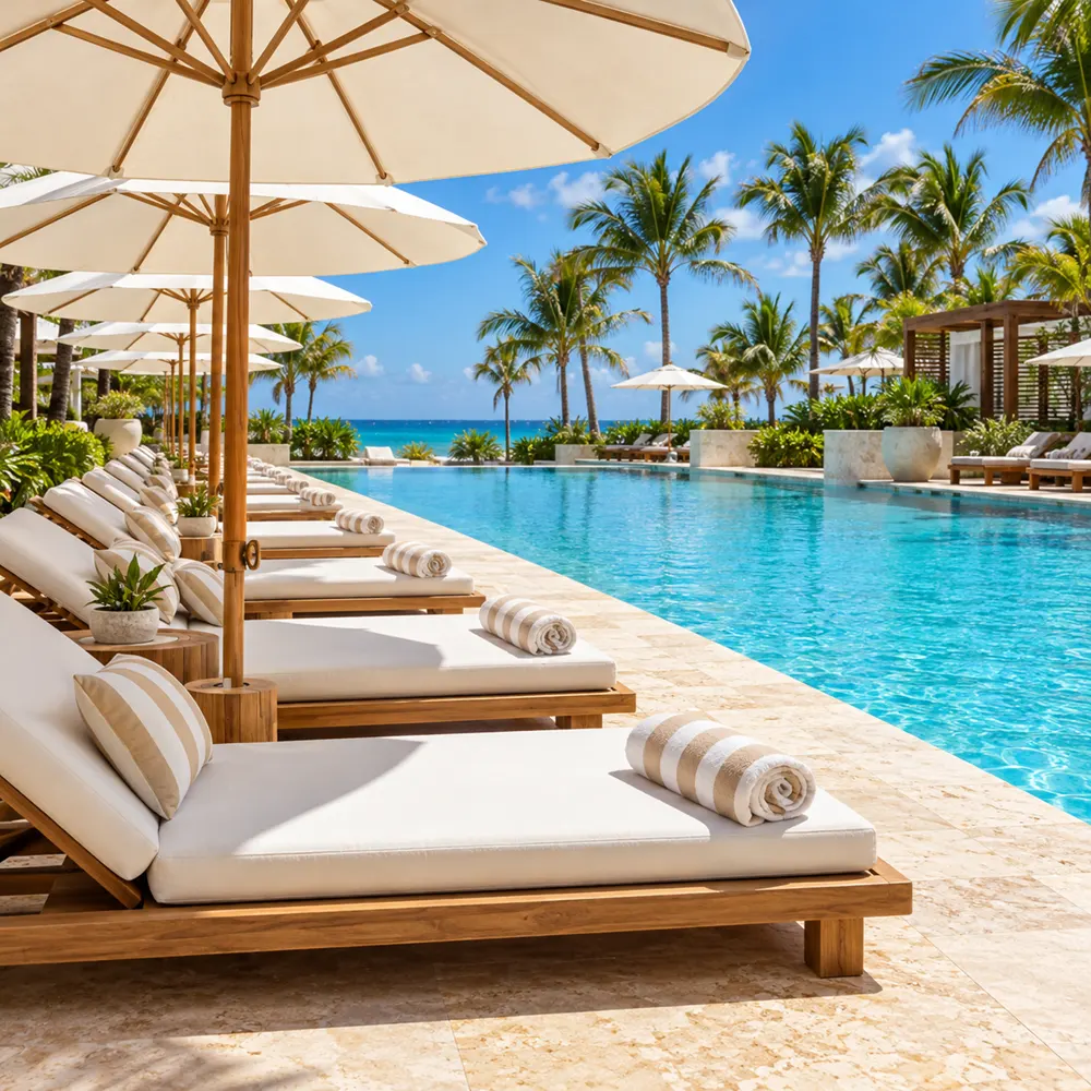Cabana stripe pillows on teak loungers by a hotel pool
