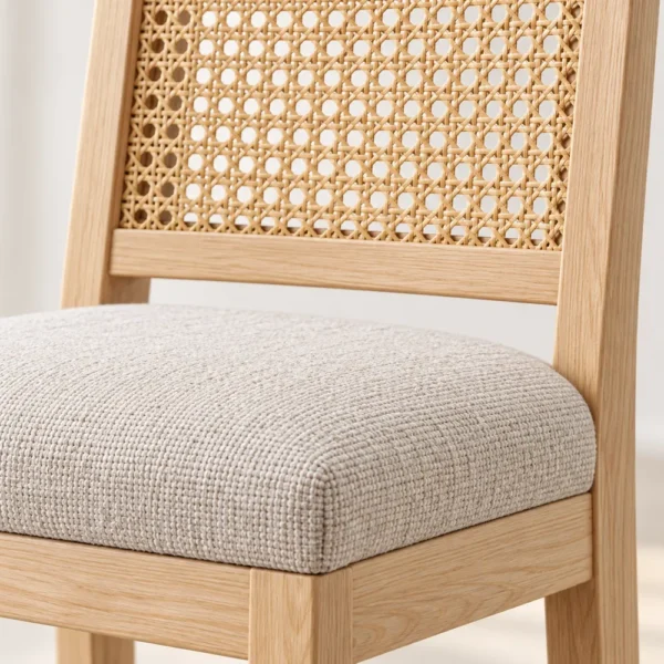 Close-up of woven cane back and padded stool seat