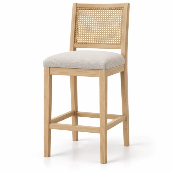 Solid ash cane back counter stool with beige seat
