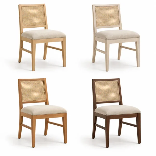 Cane back dining chair in natural, white wash, teak and walnut finishes