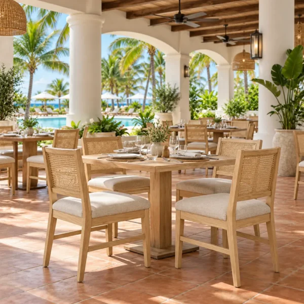 Cane back dining chairs in an open-air hotel restaurant