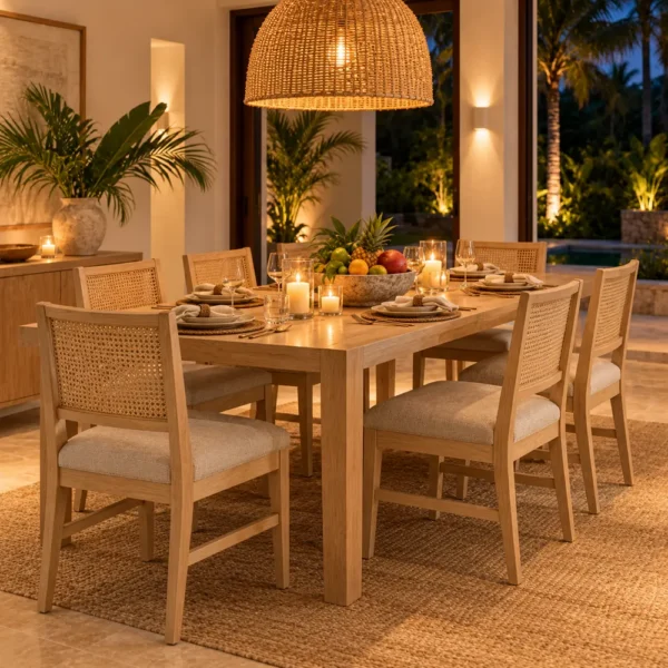 Cane back dining chairs around a villa dining table