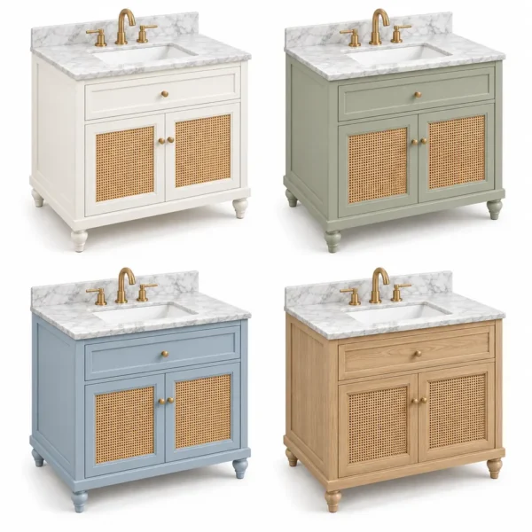 Cane door vanity in white, sage green, coastal blue and natural oak