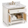 Cane door vanity with doors and drawer open