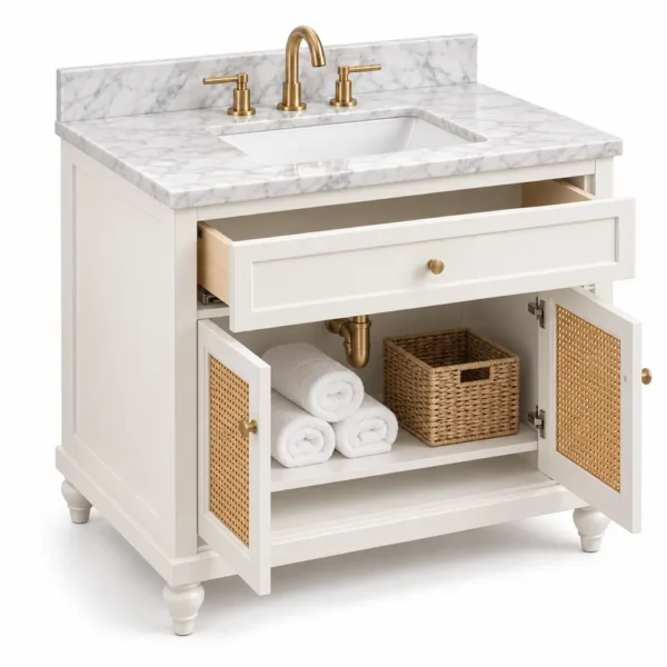 Cane door vanity with doors and drawer open