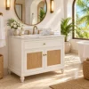 White cane door vanity in a hotel suite bathroom