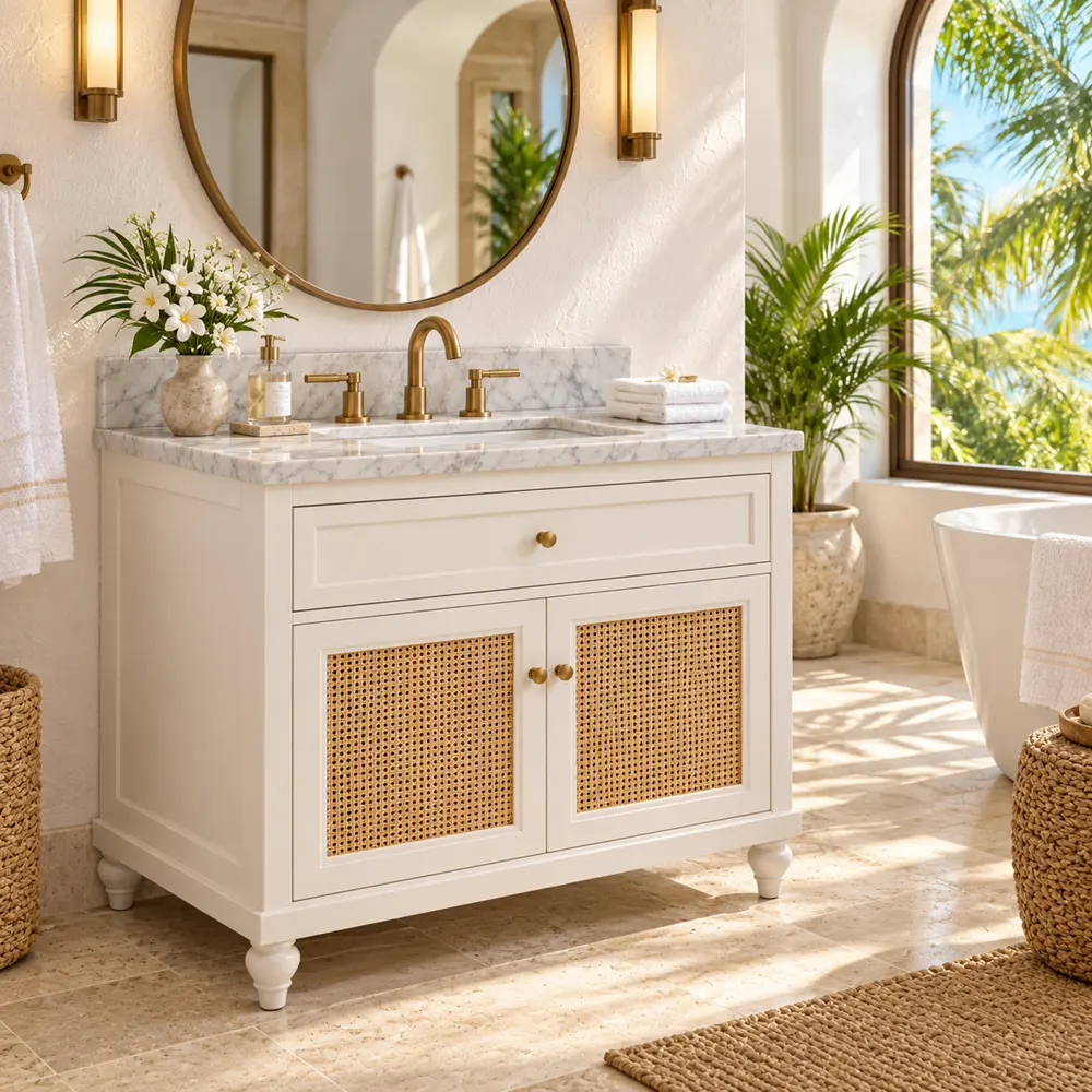 White cane door vanity in a hotel suite bathroom