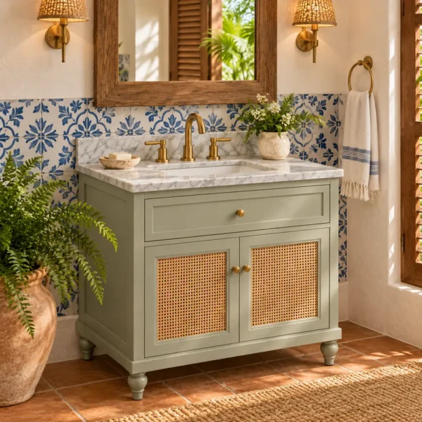Sage green cane door vanity in a villa guest bathroom