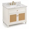 White cane door bathroom vanity with marble top