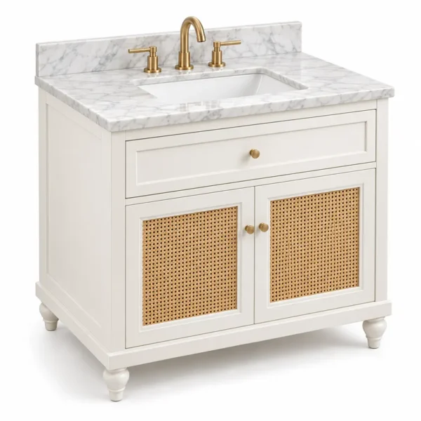 White cane door bathroom vanity with marble top