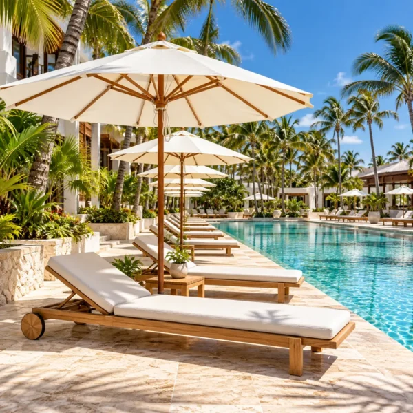 Row of market umbrellas over teak loungers at a resort pool