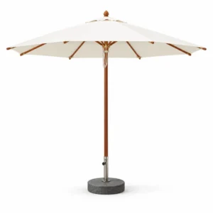 Round market umbrella with wood pole and off-white canopy