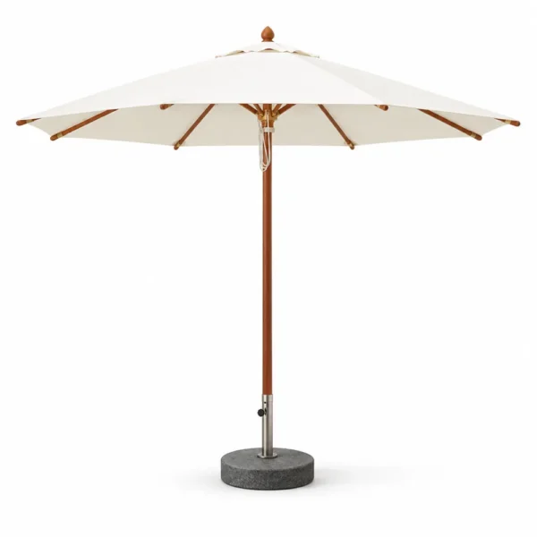 Round market umbrella with wood pole and off-white canopy