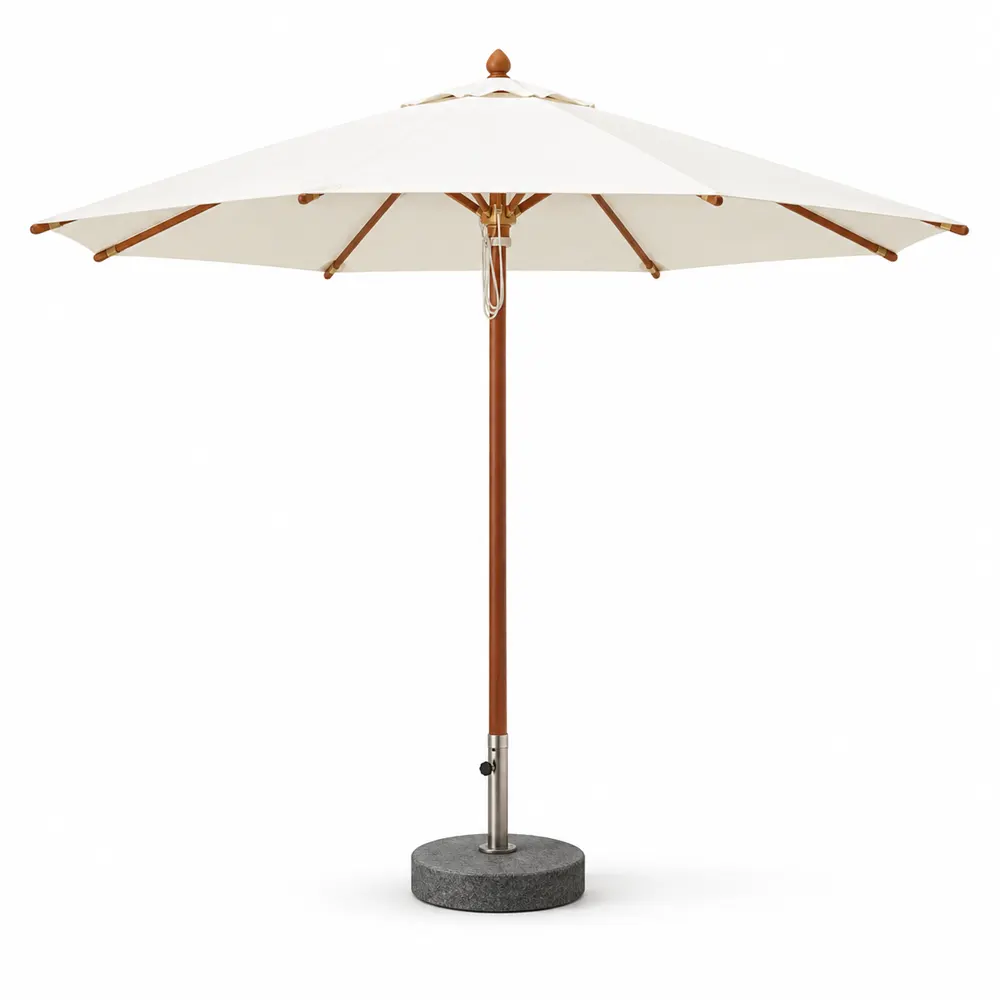 Round market umbrella with wood pole and off-white canopy