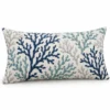 Coral print outdoor lumbar pillow in navy and teal