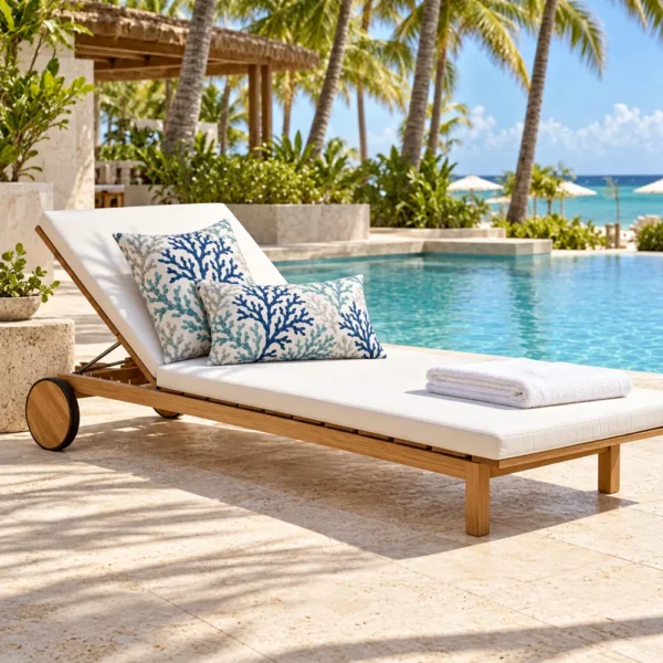 Coral print pillows on a teak lounger by a hotel pool