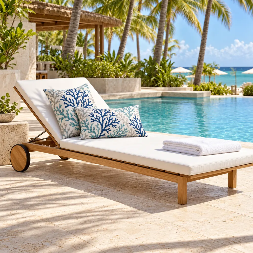 Coral print pillows on a teak lounger by a hotel pool