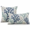 Coral print outdoor pillow in lumbar and square sizes