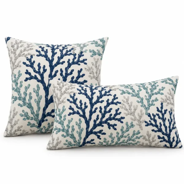 Coral print outdoor pillow in lumbar and square sizes
