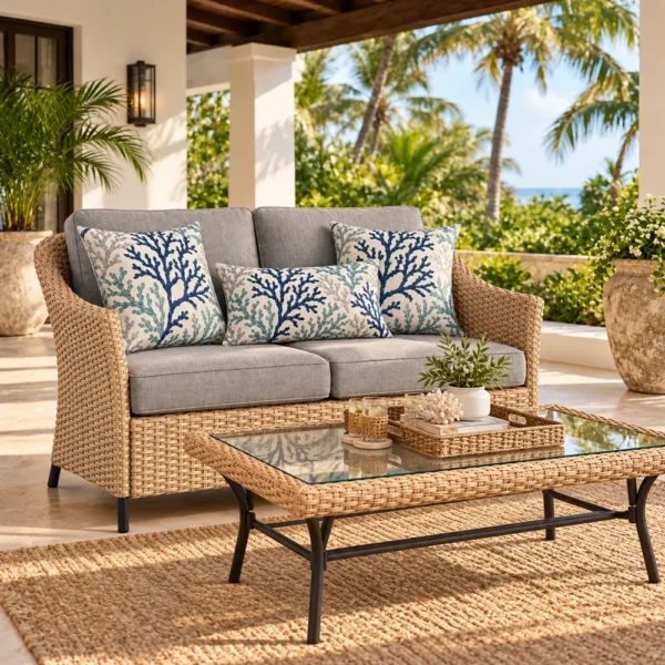 Coral print pillows on a wicker sofa on a villa terrace